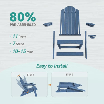 Foldable HDPE Adirondack Chairs Set of 2, Pool, Beachside, Poolside, Weather Resistant Outdoor Chairs, Hidden Cup Holder, Blue