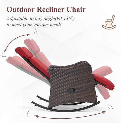 HOMREST Outdoor Recliner for Patio, Wicker Rocking Chair with Extended Footrest & Removable Cushion, Porch Balcony Lounges for Garden, Burgundy