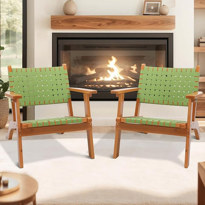VINGLI Outdoor Armchair, All-Weather Wooden Patio Chair with Waterproof PE Woven Fabric, Adirondack Chair for Garden, Lawn and Poolside (2, Green and Brown)