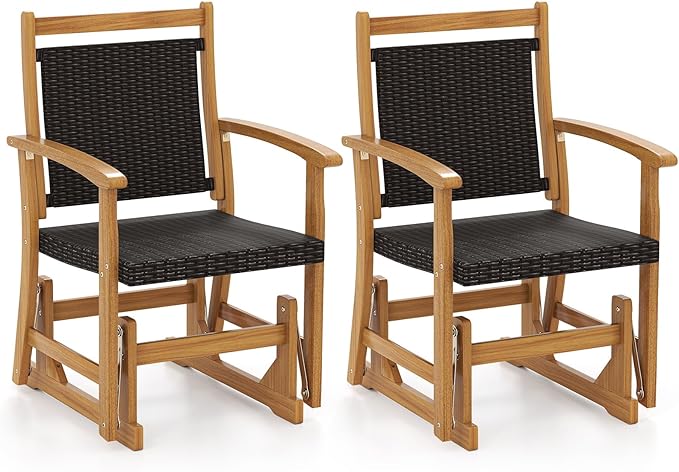 Tangkula Patio Rattan Glider Chair, Swing Gliding Rocker w/Acacia Wood Frame & Wicker Seat Back, Outdoor Rocking Armchair w/Curved Armrests for Porch, Backyard, Poolside (1 Seat-2 Pack)