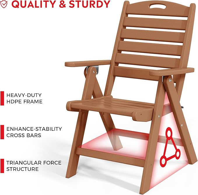 Costaelm Outdoor Adjustable Highback Folding Patio Dining Chair, HDPE Armrest Poly Lumber Restaurant Bistro Dining Chair for Outside Porch Backyard Garden, Teak