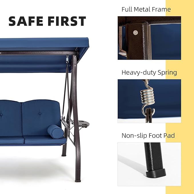 HOMREST 3 Seat Outdoor Porch Swing with 1.5" Deepened Cup Holder, Adjustable Canopy, Patio Swing Bed with Stand - Photo 3