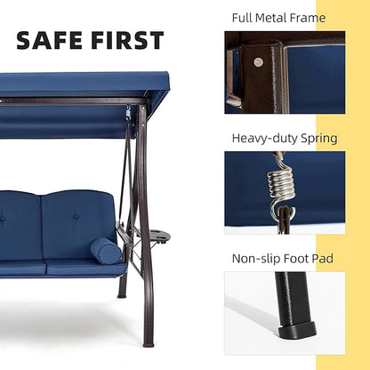 HOMREST 3 Seat Outdoor Porch Swing with 1.5" Deepened Cup Holder, Adjustable Canopy, Patio Swing Bed with Stand, Patio Glider Swing with Thicken Cushions, Pillow for Yard, Garden(Blue)