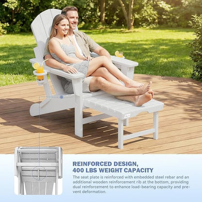 Mdeam 3-Level Adjustable Adirondack Chair with Retractable Ottoman, HDPE All-Weather Folding Fire Pit Chair with 2 Cup Holders, Outdoor Chair for Deck Patio Garden Backyard Lawn (White)