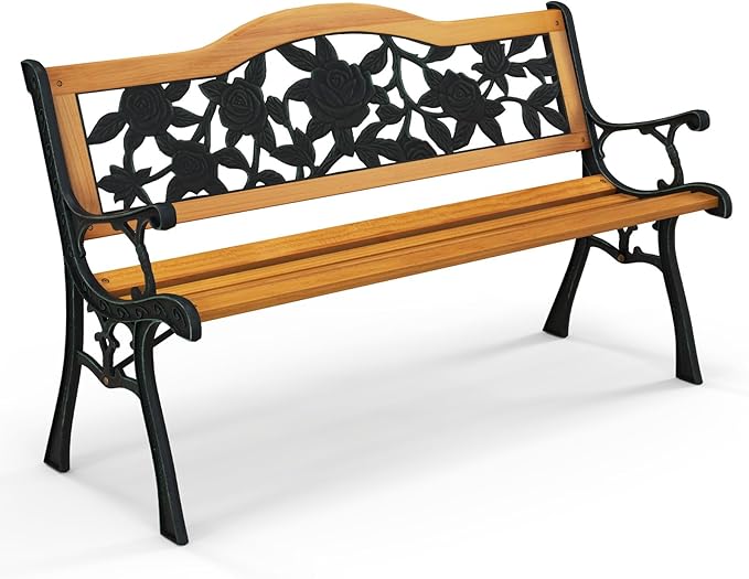 Tangkula Outdoor Garden Bench Park Bench, Patio Furniture Bench Chair with Cast Iron & Hardwood Structure - Photo 1