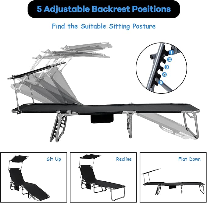 GYMAX Beach Chair with Canopy Shade, Folding Tanning Lounge with Adjustable Backrest, Carry Handle & Side Pocket - Photo 6