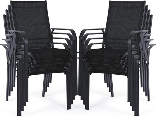 Patio Chairs Set of 8, Outdoor Dining Chairs High Back, All-Weather Padded Textilene Chair for Lawn Porch Garden,Black(8 PCS)