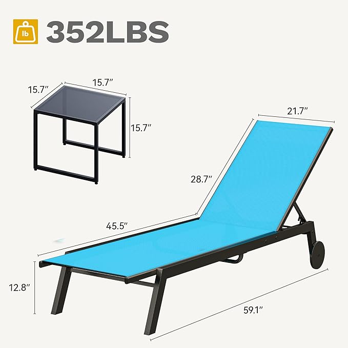 DWVO Outdoor Chaise Lounge Set, 2 Patio Chaise Lounge Chairs with Side Table - Photo 8