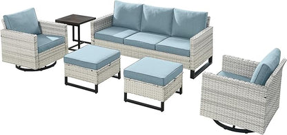 Wicker Outdoor Patio Furniture Set - 6 Piece Patio Conversation Set with 2 Swivel Rocker Chairs,2 Rattan Ottoman,1 Couch and 1 Metal Side Table for Outside Porch Deck Backyard(Light Grey/Sky Blue)