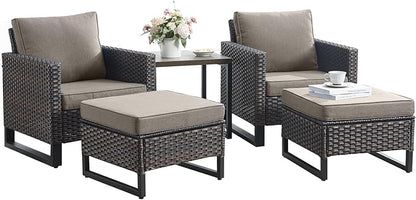 Rilyson Wicker Outdoor Patio Furniture Set - 5 Piece Patio Conversation Set with 2 Wicker Armrest Chairs,2 Rattan Ottoman and 1 Metal Side Table for Outside Porch Deck Backyard Garden(Brown/Grey)