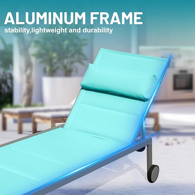 Domi Patio Chaise Lounge Set of 3, Outdoor Lounge Chair, Aluminum Textilene Padded 5 Position Pool Lounger, Stackable Lounge Chair w/Headrest, Wheels, Side Table, for Beach Backyard Lawn, Turquoise