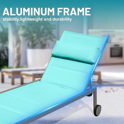 Domi Patio Chaise Lounge Set of 3, Outdoor Lounge Chair, Aluminum Textilene Padded 5 Position Pool Lounger, Stackable Lounge Chair w/Headrest, Wheels, Side Table, for Beach Backyard Lawn, Turquoise
