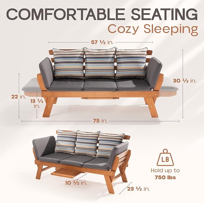 IDZO Amelie Eucalyptus Convertible Outdoor Sofa, 750lbs Capacity Patio Couch with Folding Armrest & Coffee Tray - Photo 2