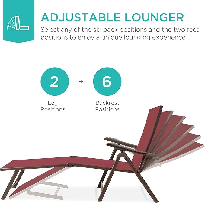 Best Choice Products Set of 2 Outdoor Patio Chaise Lounge Chair Adjustable Reclining Folding Pool Lounger for Poolside, Deck, Backyard w/Steel Frame, 250lb Weight Capacity - Red