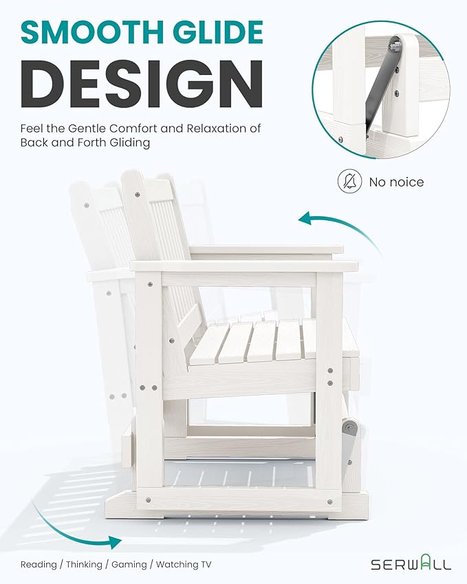 SERWALL Outdoor Glider Bench Set of 2, HDPE Weather-Resistant Swinging Bench for Backyard Garden Porch, White - Photo 4