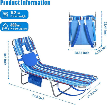 SUNNYFEEL Beach Lounge Chair, Backpack Reclining Beach Chairs Lay Flat, Sun Face Down Tanning Chair, Folding Camping Chairs Portable Camp Cot with Backpack Straps for Outdoor/Picnic/Lawn