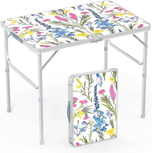 VINGLI 3FT Small Folding Camping Table Adjustable Height Aluminum Folding Table for Picnic Party BBQ, Plastic RV Suitcase Table Portable Lightweight Fold Up Utility Outdoor Tables