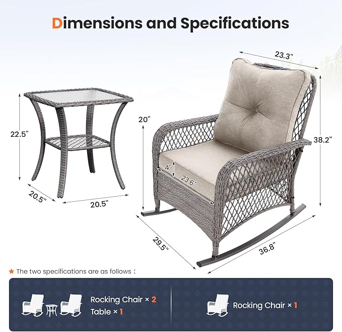 UDPATIO 3 Piece Patio Furniture Set, Wicker Rocking Bistro Set with 2 Rockers, 1 Side Table and 4‘’ Thick Cushions for Backyard, Porch, Balcony, Poolside, Grey/Beige