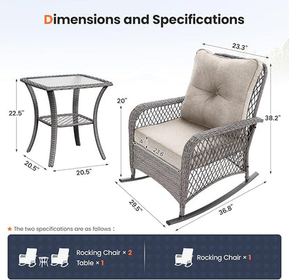 UDPATIO 3 Piece Patio Furniture Set, Wicker Rocking Bistro Set with 2 Rockers, 1 Side Table and 4‘’ Thick Cushions for Backyard, Porch, Balcony, Poolside, Grey/Beige
