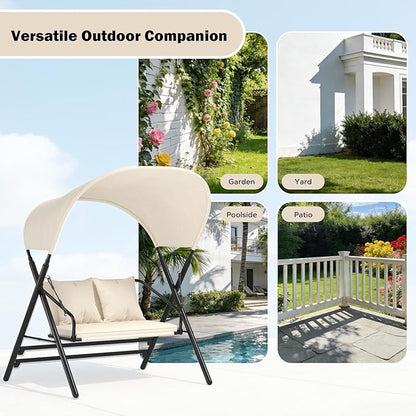 AECOJOY 2 Seat Outdoor Patio Swing Chair with Cover, Porch Swings Chairs for Adult, Outside Metal Steel Frame Patio Swing Bench, Beige