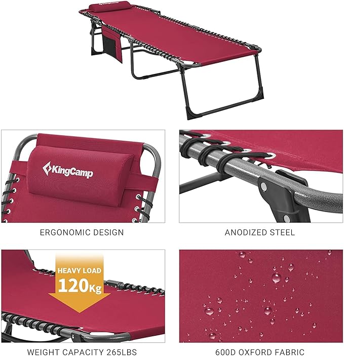KingCamp Chaise Lounge Chairs Outdoor Foldable Patio Sun Chair for Outside Camping Sunbathing Beach Lawn Pool Garden Yard Folding Lightweight Heavy Duty Portable Adjustable Lounge with Pillow