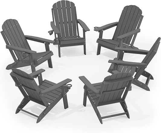 YEFU Adirondack Chairs Set of 6 for Patio: Folding Plastic Fire Pit Chair with Cup Holders & Adjustable Backrest - Sturdy All-Weather HDPE for Outdoor Pool Lawn - Easy Assembly(Grey)