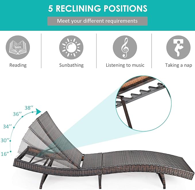 Tangkula Outdoor Folding Chaise Lounger, Rattan Patio Lounge Chair with Removable Thick Cushion, 5 Adjustable Levels - Photo 6