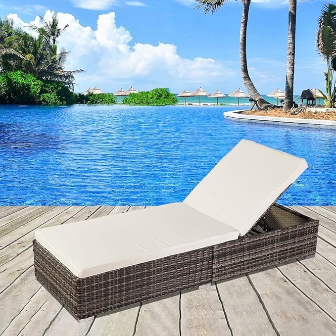VINGLI Adjustable Wicker Patio Chaise Lounge Outdoor, Rattan Outdoor Lounge Chair, All Weather Patio Chaise Lounge with Adjustable Backrest and Soft Cushions Wicker Daybed (Gray)