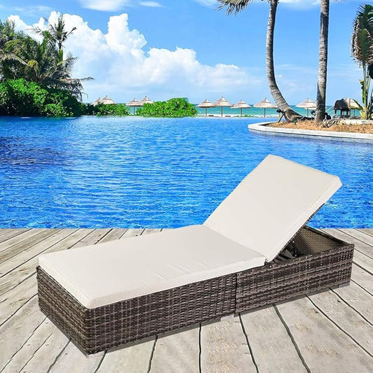 VINGLI Adjustable Wicker Patio Chaise Lounge Outdoor, Rattan Outdoor Lounge Chair, All Weather Patio Chaise Lounge with Adjustable Backrest and Soft Cushions Wicker Daybed (Gray)