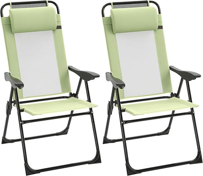 Outsunny Folding Patio Dining Chairs Set of 2, Outdoor Deck Chair with Adjustable Sling Back, Camping Chair with Removable Headrest for Garden, Backyard, Lawn, Green