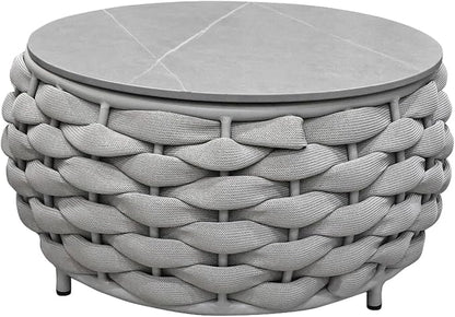 TWT Outdoor Coffee Table for Patio Table Rope Patio Coffee Table Lawn Garden Small Coffee Table with Rock Slab Top All-Weather, 25.6in(Textilene Rope, Light Grey)