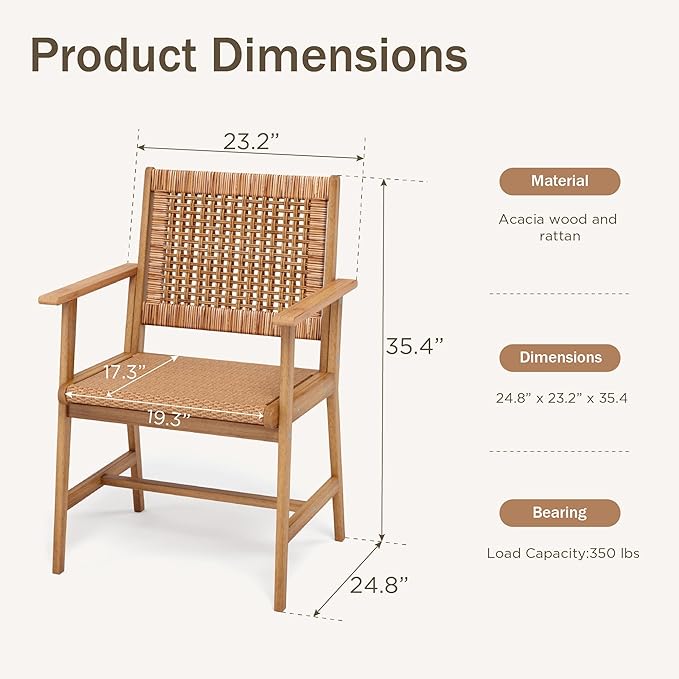 PHI VILLA Outdoor Acacia Wood Dining Chairs Set of 4, Armchairs with Strong Wicker Back & Seat, Farmhouse Style Teak Patio Deck Yard Balcony Garden Furniture