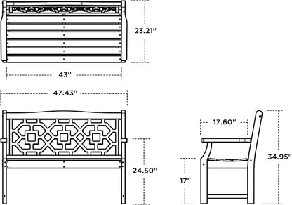 Martha Stewart by POLYWOOD Chinoiserie 48" Outdoor Bench for Patio, Porch & Backyard, Sand - Durable All-Weather HDPE Garden Seat with Back Support - Classic 2 Person Seating, Made in The USA