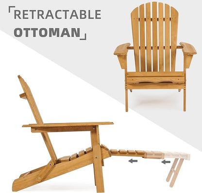 Outdoor Wooden Folding Adirondack Chair with Retractable Ottoman, Wood Patio Chair with Footrest for Garden Backyard Porch Pool Deck Firepit