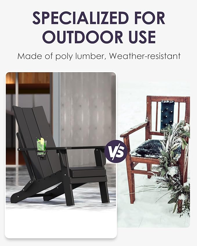 Folding Adirondack Chairs Set of 4, All-Weather Resistant HDPE Patio Firepit Chairs, Sturdy Outside Chairs with Cup Holder, Pre-Installed Lawn Chairs Load Capacity 385lb for Backyard, Black