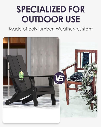 Folding Adirondack Chairs Set of 6, All-Weather Resistant HDPE Patio Firepit Chairs, Sturdy Outside Chairs with Cup Holder, Pre-Installed Lawn Chairs Load Capacity 385lb for Backyard, Black