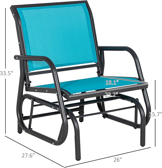 Outsunny Porch Glider, Metal Frame Swing Glider Chair with Breathable Mesh Fabric, Curved Armrests and Steel Frame for Garden, Poolside, Backyard, Balcony, Blue