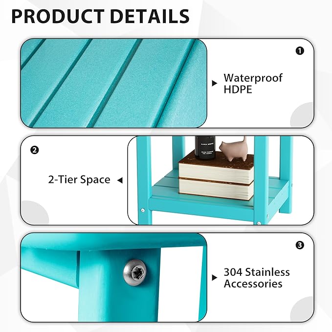 Sundale Outdoor 18" Small Side Table, Patio HDPE All Weather Small Adirondack End Table Water Resistant 2 Tier Rectangular Outside Table for Pool, Garden, Beach, Turquoise