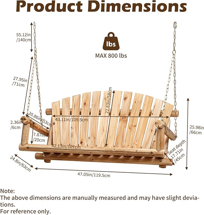 Outdoor Porch Swing Front Porch Hanging Wooden Bench Swing 2 Seat Chair for Garden, Patio, Backyard, Playground - Photo 8