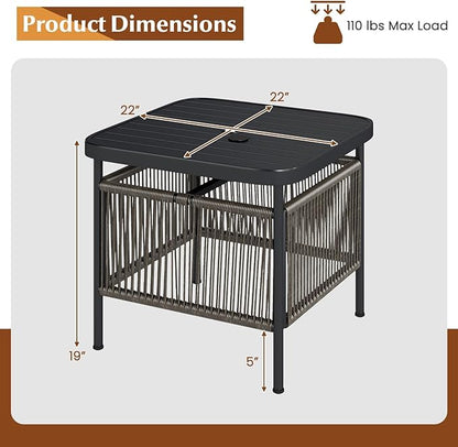 HAPPYGRILL Outdoor Side Table with Umbrella Hole 1.57”, Square Rattan Wicker Coffee Bistro End Table Umbrella Stand, for Backyard Poolside Garden (1)