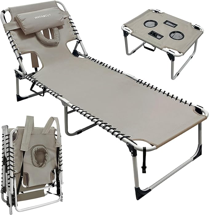 Backpack Sun Tanning Chair with Face Hole & Beach Table, 5-Position Adjustable Folding Lounge Chair Outdoor for Lawn Patio Garden