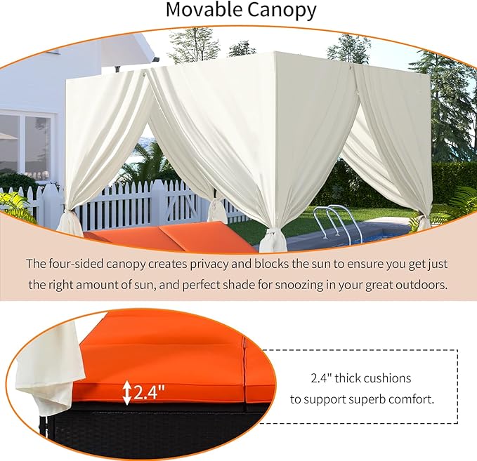 Patio Chaise Lounge,Outdoor Patio PE Rattan Wicker Sunbed Daybed with Orange Cushions, Adjustable Seats and Four-Sided Overhead Canopy – Versatile Use for Patio, Garden, and Poolside