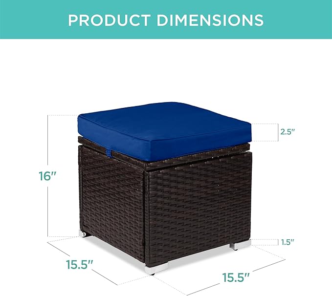 Best Choice Products Set of 2 Wicker Ottomans, Multipurpose Outdoor Furniture for Patio, Backyard, Additional Seating, Footrest, Side Table w/Storage, Removable Cushions - Navy/Brown
