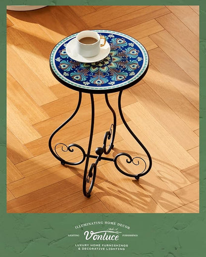 VONLUCE Outdoor Side Table and Mosaic Plant Stand, 21" Round End Table with 14" Ceramic Tile Top for Patio Porch Decor, Indoor & Outdoor Accent Table, Small Coffee Table for Home and Garden, Peacock