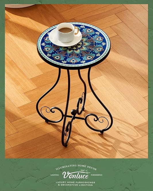 VONLUCE Outdoor Side Table and Mosaic Plant Stand, 21" Round End Table with 14" Ceramic Tile Top for Patio Porch Decor, Indoor & Outdoor Accent Table, Small Coffee Table for Home and Garden, Peacock