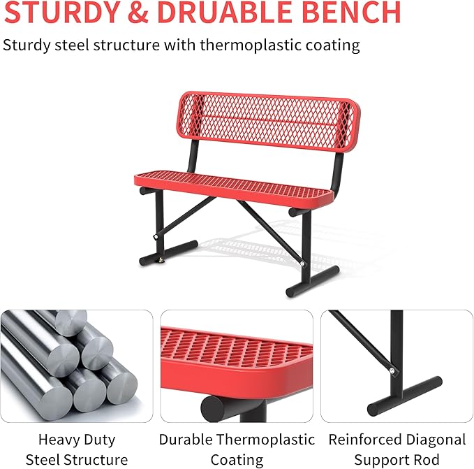 4 Ft Metal Park Bench for Outside, All-Weather Thermoplastic Coating Outdoor Bench with Backrest, Commercial Heavy Duty Benches for Shopping Malls, Stores, Parks, Patios, Decks, Red
