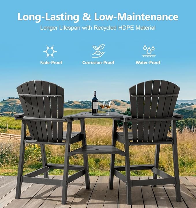 PASAMIC Tall Adirondack Chair Set of 2, All-Weather HDPE Outdoor Chairs with Removable Double Trays - Photo 5