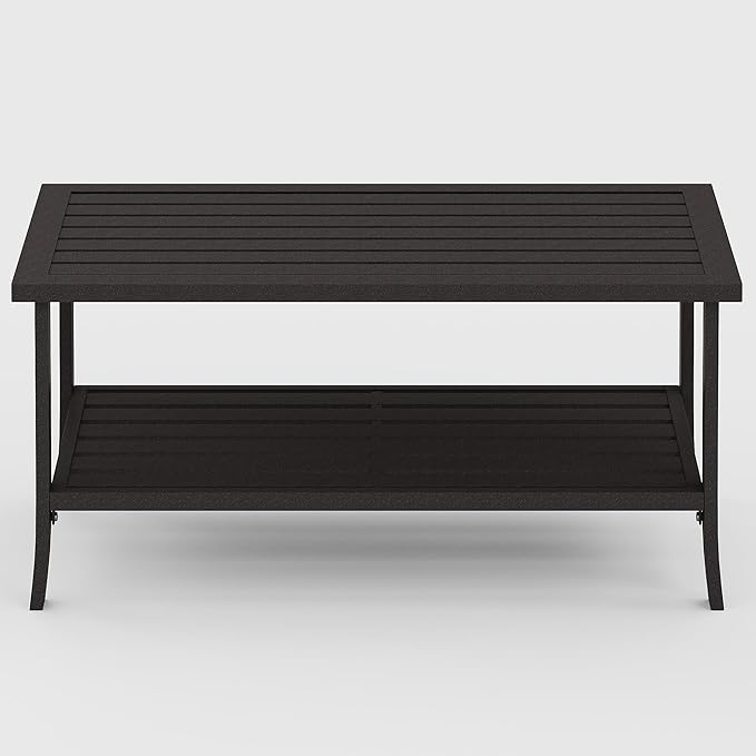 Kiss the Water Metal Outdoor Coffee Table, 2-Tier Storage Square Patio Side Table, All-Weather Coffee Side Table for Patio End Porch Backyard Garden, Khaki/Large