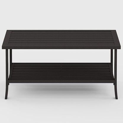 Kiss the Water Metal Outdoor Coffee Table, 2-Tier Storage Square Patio Side Table, All-Weather Coffee Side Table for Patio End Porch Backyard Garden, Khaki/Large
