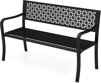 Tangkula Metal Outdoor Park Bench, 50 Inches Patio Garden Bench with Patterned Backrest and Curved Armrests, 2-3-Person Patio Bench, Outdoor Metal Loveseat Chair for Porch, Lawn, Yard and Park